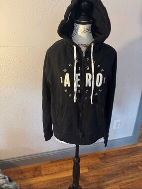 Aeropostale Black Zip-Up Hoodie with White Drawstrings and White Logo